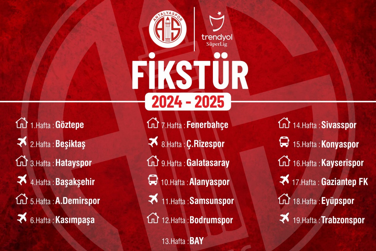 Antalyaspor Trendyol Süper Lig  2024-2025 Sezonu Fikstürümüz Belli Oldu