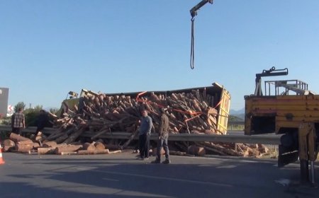 Antalya Yolunda Tomruk Yüklü Kamyon Devrildi, Maddi Hasar Meydana Geldi