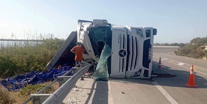 Antalya’da Tır Kazası: Domates Taşıyan Araç Refüje Devrildi, Trafik Aksadı