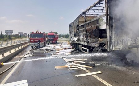 Antalya’da mobilya  yüklü tır seyir halindeyken yandı.
