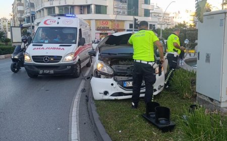 Manavgat'ta Otomobil Refüje Çıktı, Sinyalizasyon Direği Devrildi