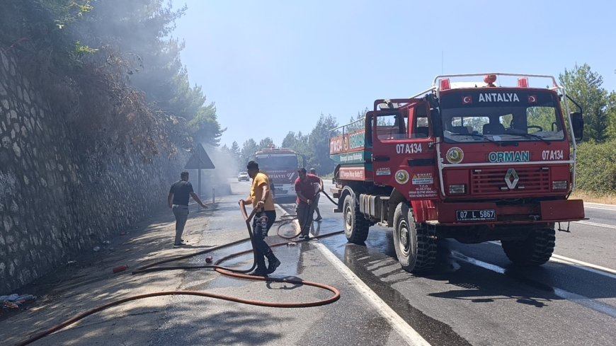 Alanya dönüş yolunda otomobil alev aldı! Yangın ormanlık alana sıçradı