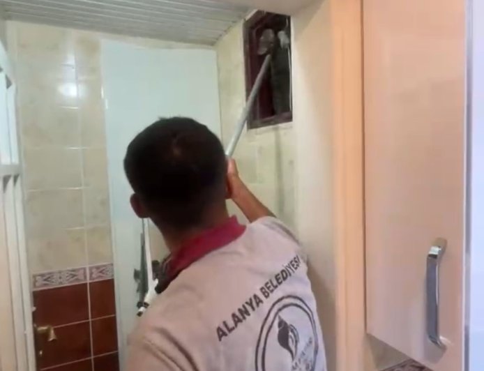 Alanya’da havalandırma boşluğuna düşen kedi ekipler tarafından kurtarıldı